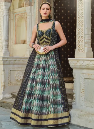 Multi Colour Silk Gown with Embroidered, Foil Print, Stone and Zari Work