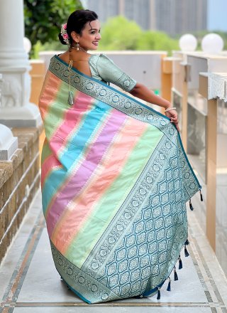 Multi Colour Silk Jacquard Work Classic Saree for Festival