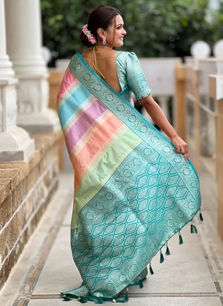 Multi Colour Silk Meenakari, Weaving and Zari Work Traditional Saree