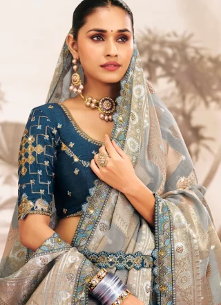 Multi Colour Silk Trendy Saree with Embroidered and Lace Work for Ceremonial