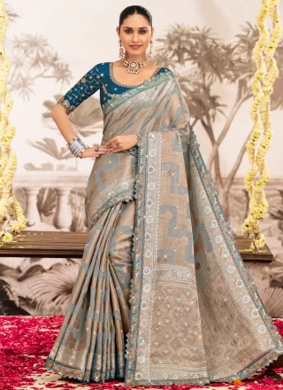 Multi Colour Silk Trendy Saree with Embroidered and Lace Work for Ceremonial