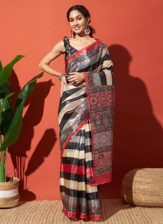 Multi Colour Tissue Print Work Contemporary Sari