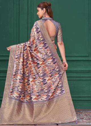 Multi Colour Tussar Silk Abstract Print, Patch Border and Jacquard Work Contemporary Saree