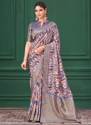 Multi Colour Tussar Silk Abstract Print, Patch Border and Jacquard Work Contemporary Saree