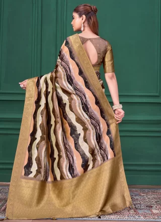 Multi Colour Tussar Silk Classic Saree with Abstract Print, Patch Border and Jacquard Work for Ceremonial