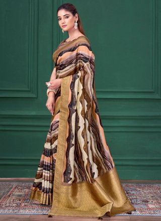 Multi Colour Tussar Silk Classic Saree with Abstract Print, Patch Border and Jacquard Work for Ceremonial