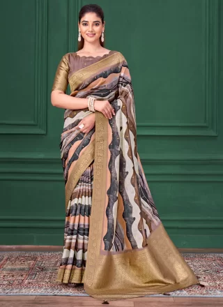 Multi Colour Tussar Silk Classic Saree with Abstract Print, Patch Border and Jacquard Work for Ceremonial