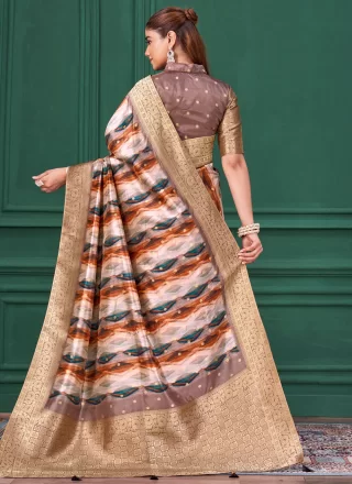 Multi Colour Tussar Silk Traditional Saree with Abstract Print, Patch Border and Jacquard Work