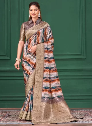 Multi Colour Tussar Silk Traditional Saree with Abstract Print, Patch Border and Jacquard Work