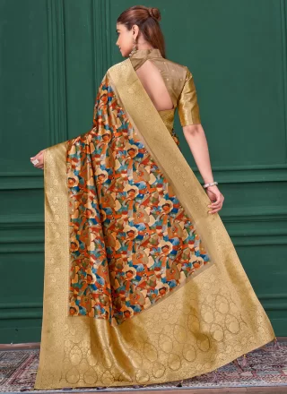 Multi Colour Tussar Silk Trendy Saree with Abstract Print, Patch Border and Jacquard Work for Ceremonial