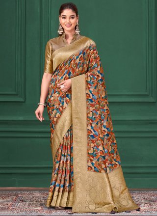 Multi Colour Tussar Silk Trendy Saree with Abstract Print, Patch Border and Jacquard Work for Ceremonial