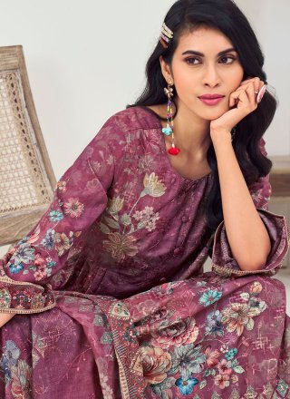 Muslin Salwar Suit In Purple Color