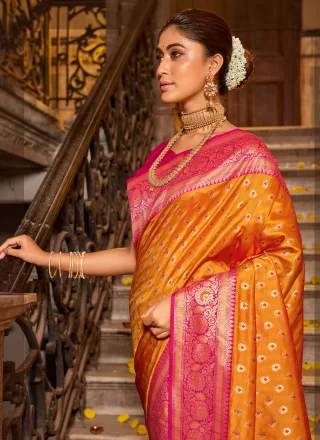 Mustard and Pink Banarasi Silk Weaving Work Classic Sari for Casual