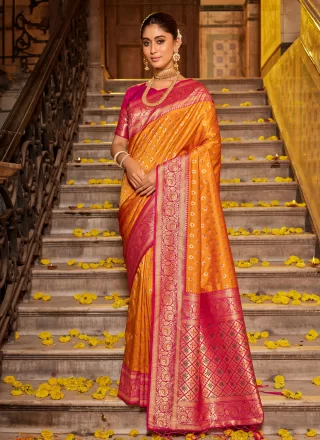Mustard and Pink Banarasi Silk Weaving Work Classic Sari for Casual