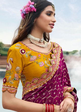 Mustard and Purple Silk Cut, Embroidered, Mirror, Woven and Zari Work Contemporary Sari