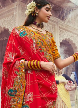 Mustard and Red Silk Embroidered, Mirror, Woven and Zari Work Contemporary Saree