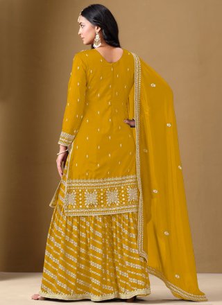 Mustard Art Silk Embroidered, Sequins and Zari Work Readymade Salwar Suit for Ceremonial