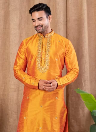 Mustard Art Silk Kurta Pyjama with Buttons Work