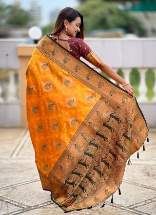 Mustard Banarasi Silk Meenakari Work Classic Saree for Ceremonial