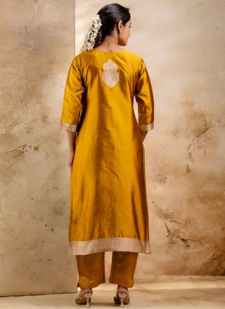 Mustard Blended Cotton Embroidered Work Readymade Salwar Suit for Mehndi