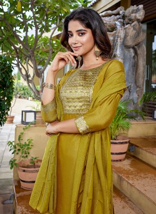 Mustard Blended Cotton Plain Work Pant Style Suit