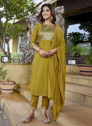 Mustard Blended Cotton Plain Work Pant Style Suit