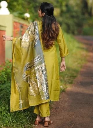 Mustard Chanderi Silk Diamond and Patch Border Work Pant Style Suit