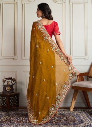 Mustard Chiffon Classic Saree with Embroidered Work for Women