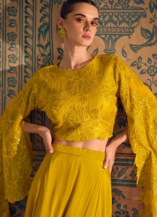 Mustard Chinon Beads, Embroidered, Stone and Thread Work Salwar Suit for Women