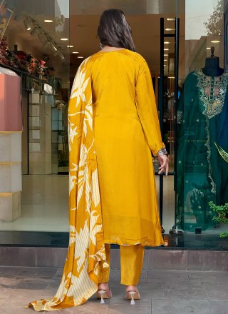 Mustard Chinon Embroidered and Print Work Pant Style Suit for Casual