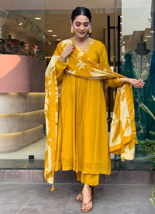 Mustard Chinon Embroidered and Print Work Pant Style Suit for Casual