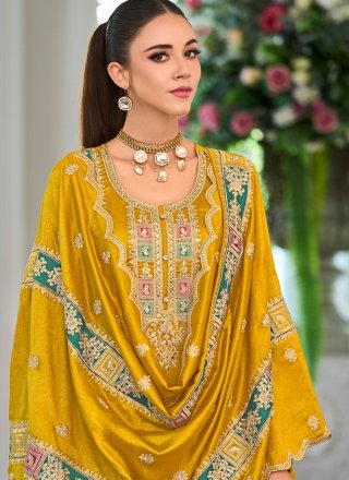 Mustard Chinon Embroidered, Resham and Zari Work Pant Style Suit for Ceremonial