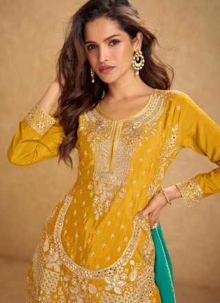 Mustard Chinon Palazzo Salwar Suit with Embroidered, Mirror and Zari Work