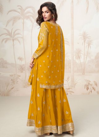 Mustard Chinon Palazzo Salwar Suit with Embroidered, Sequins and Zari Work