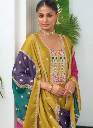 Mustard Chinon Salwar Suit with Embroidered Work