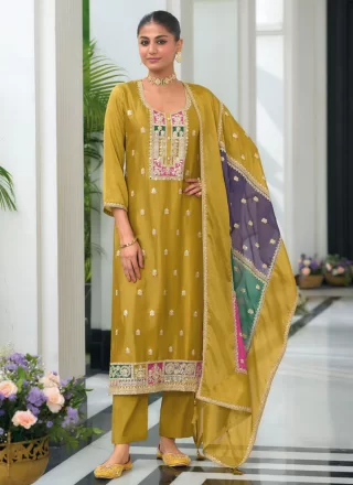 Mustard Chinon Salwar Suit with Embroidered Work