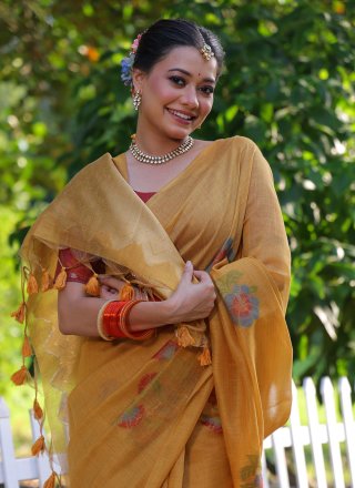 Mustard Cotton Contemporary Sari with Print Work