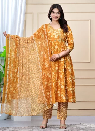 Mustard Cotton Embroidered and Print Work Salwar Suit