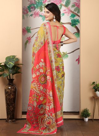 Mustard Cotton Patch Border and Digital Print Work Contemporary Saree