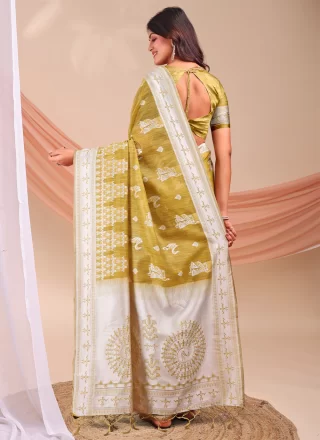 Mustard Cotton Print Work Contemporary Saree
