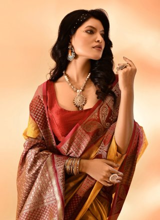 Mustard Cotton Silk Classic Saree with Plain and Woven Work