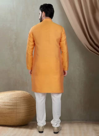 Mustard Cotton Silk Kurta Pyjama In Plain