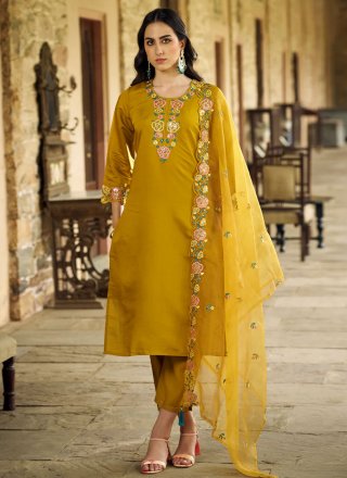 Mustard Embroidered and Sequins Work Silk Salwar Suit