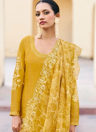 Mustard Embroidered Work Chinon Salwar Suit