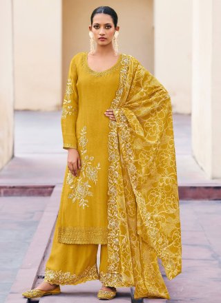 Mustard Embroidered Work Chinon Salwar Suit