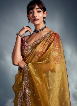 Mustard Fancy Fabric Cut Dana, Cut, Sequins and Zari Work Classic Sari for Ceremonial