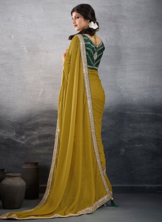 Mustard Fancy Fabric Patch Border, Embroidered and Zari Work Traditional Saree