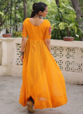 Mustard Faux Georgette Print Work Party Wear Kurti