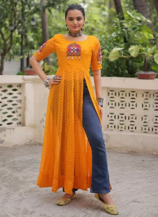 Mustard Faux Georgette Print Work Party Wear Kurti