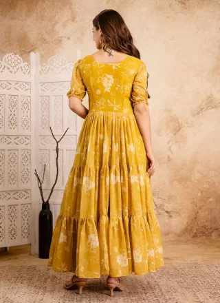 Mustard Floral Patch Work Faux Georgette  Designer Gown